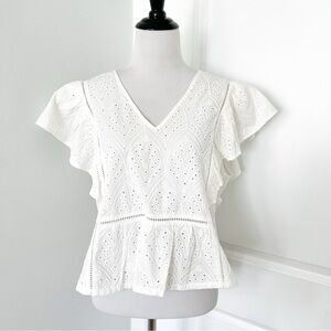 Solitaire White Eyelet V-Neck Flutter Sleeve Blouse - XL